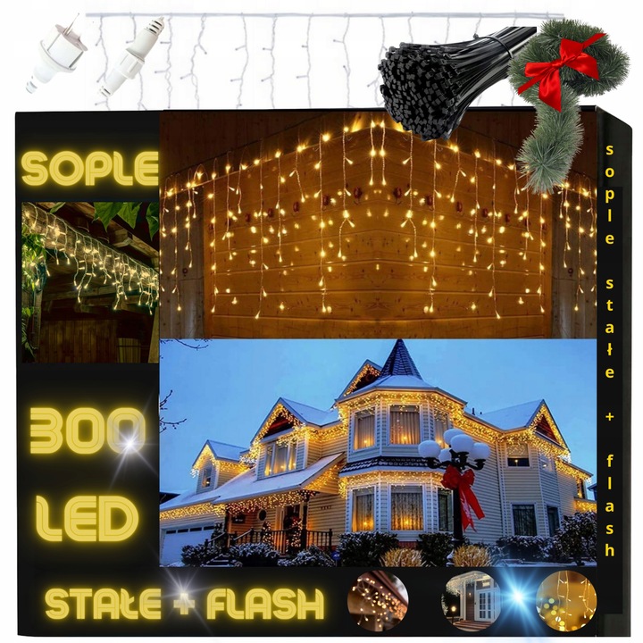 LAMPKI ZEWNĘTRZNE ŚWIĄTECZNE SOPLE 300 LED Z EFEKTEM FLASH FLESZ ŚWIATEŁKA
