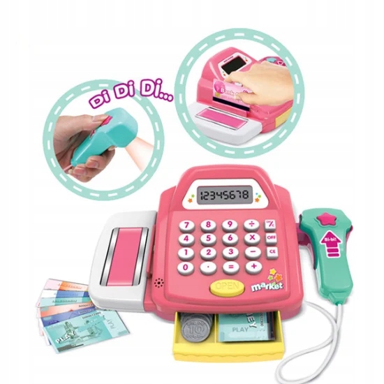 KASA SKLEPOWA FISKALNA SKANER DŹWIĘK KALKULATOR MONETY PIENIĄDZE AKCESORIA