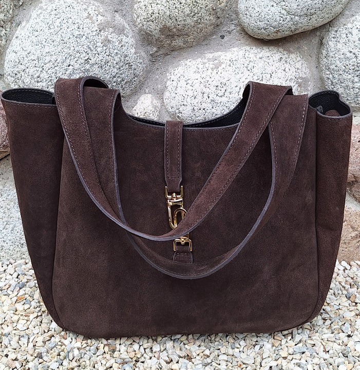 Torebka WłoskaZAMSZOAWA worek SKÓRA NATURALNA Vera Pelle CZEKOLADOWA