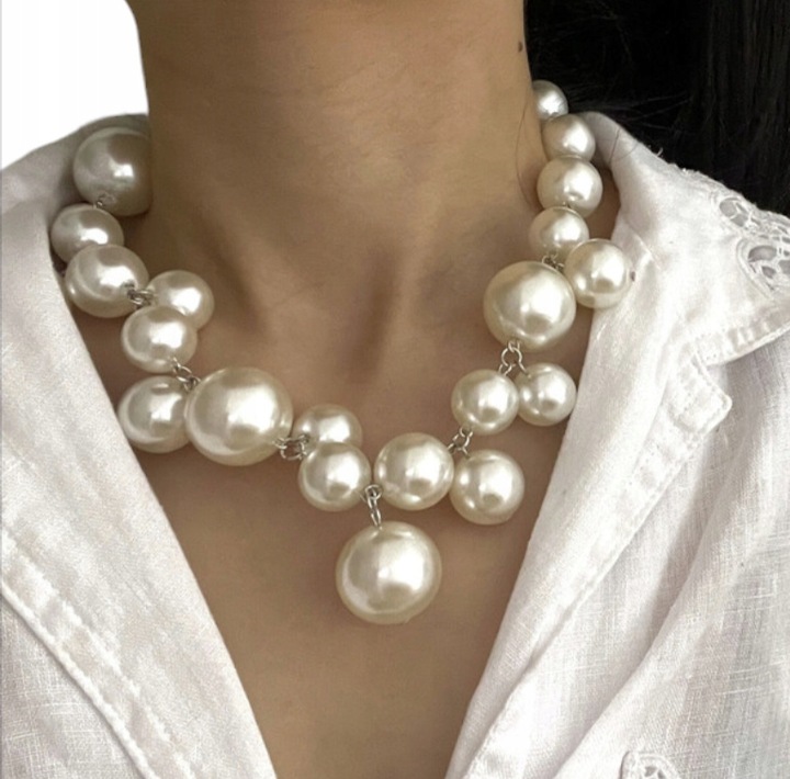 Naszyjnik Srebrny Perły Perełki Ecru Wiszący Elegancki Klasyczny Retro