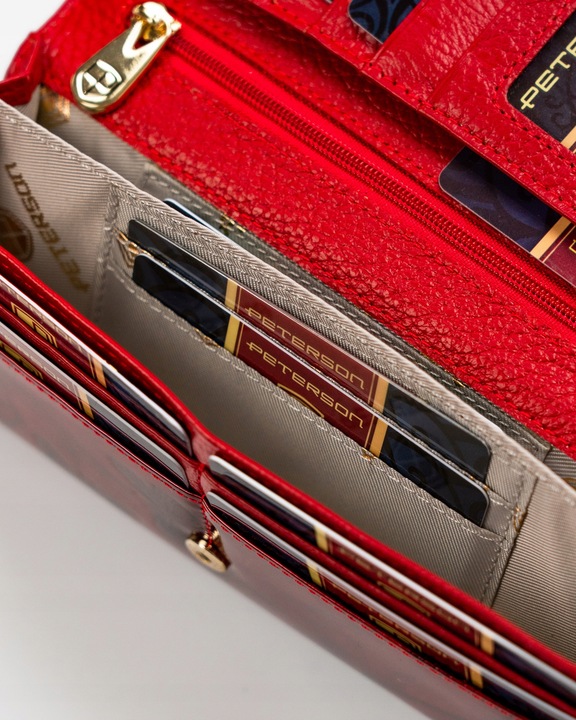 Portfel damski skórzany PETERSON duży czerwony super pojemny RFID STOP kart