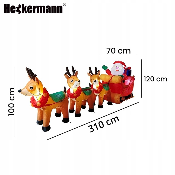 DMUCHANY MIKOŁAJ Z RENIFERAMI ŚWIĄTECZNA DEKORACJA SANIE DMUCHANIEC 310cm