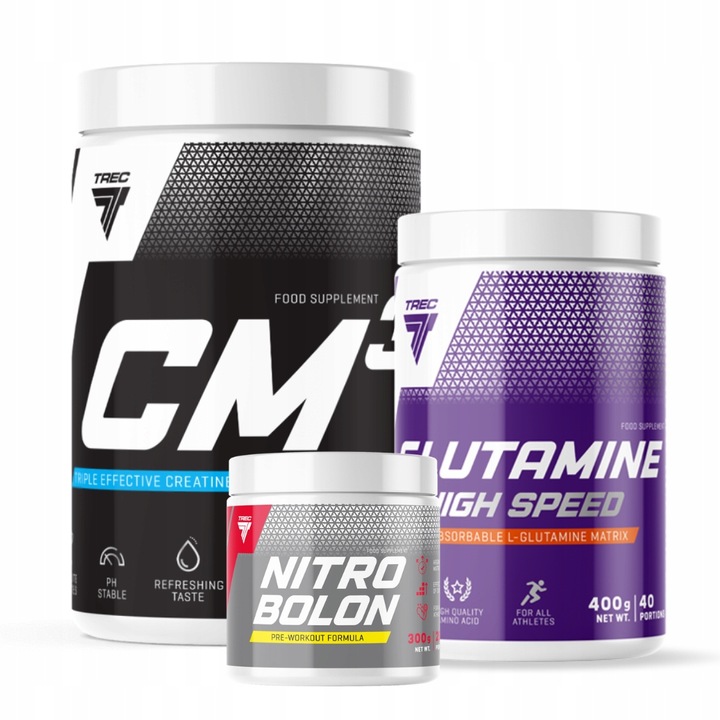 TREC CM3 500G TCM TREC NITROBOLON 300g TREC GLUTAMINE 400g zestaw