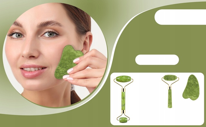 3w1 Masażer do twarzy KAMIEŃ GUA SHA z jadeitu zestaw roller wałek masażu