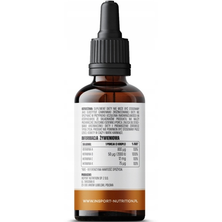 WITAMINA ADEK FORTE KROPLE 30ml WITAMINY A D3 E K2 MK7 ODPORNOŚĆ | INSPORT