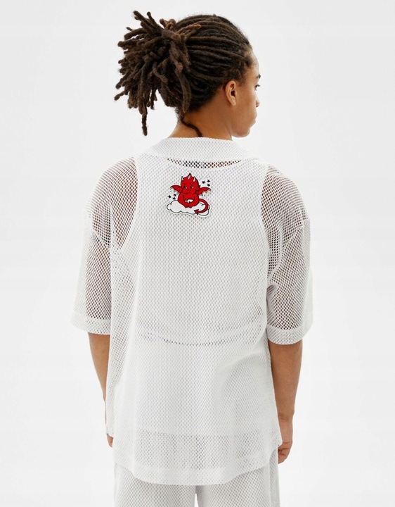 G56H03 KOSZULA BIAŁA NASZYWKI SIATECZKA BERSHKA M