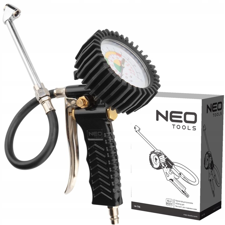 NEO PISTOLET DO POMPOWANIA KÓŁ Z MANOMETREM DŁUGA KONCÓWKA 12 BAR 14-716