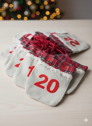 KALENDARZ ADWENTOWY DIY 24 WORECZKI JUTOWE Z KORONKĄ + SZNUREK NUMERY