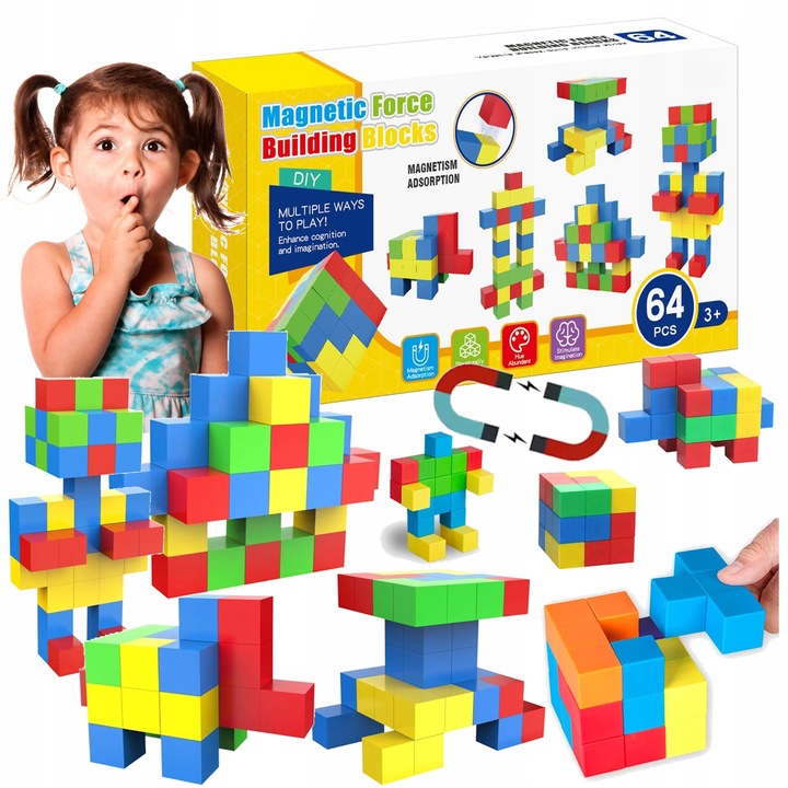Klocki magnetyczne edukacyjne KOSTKI SZEŚCIANY Zestaw 64 el. magnesy