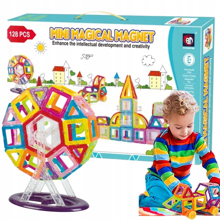 KLOCKI MAGNETYCZNE KONSTRUKCYJNE 3D ZESTAW 128 ELEMENTÓW DLA DZIECKA