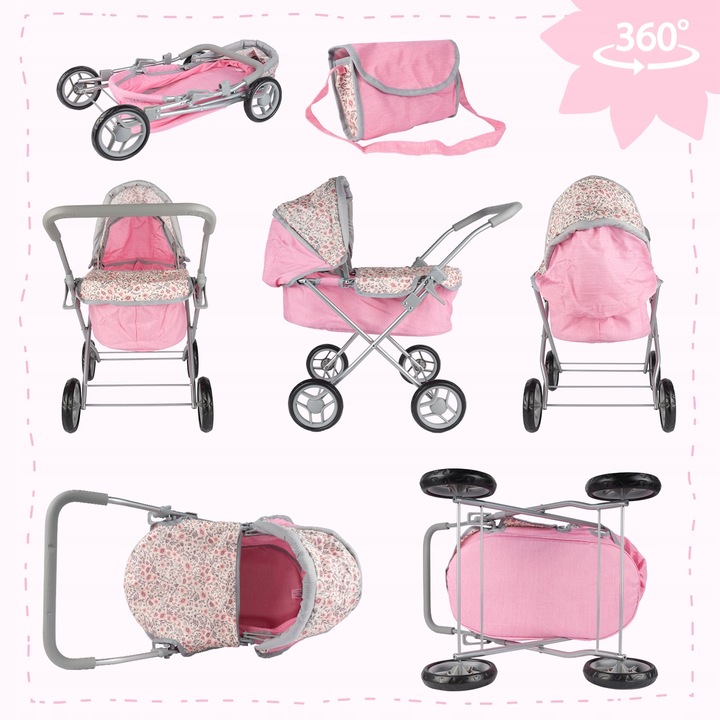 WÓZEK DLA LALEK GŁĘBOKI SKŁADANY GONDOLA TORBA SPACERÓWKA REGULOWANY DASZEK