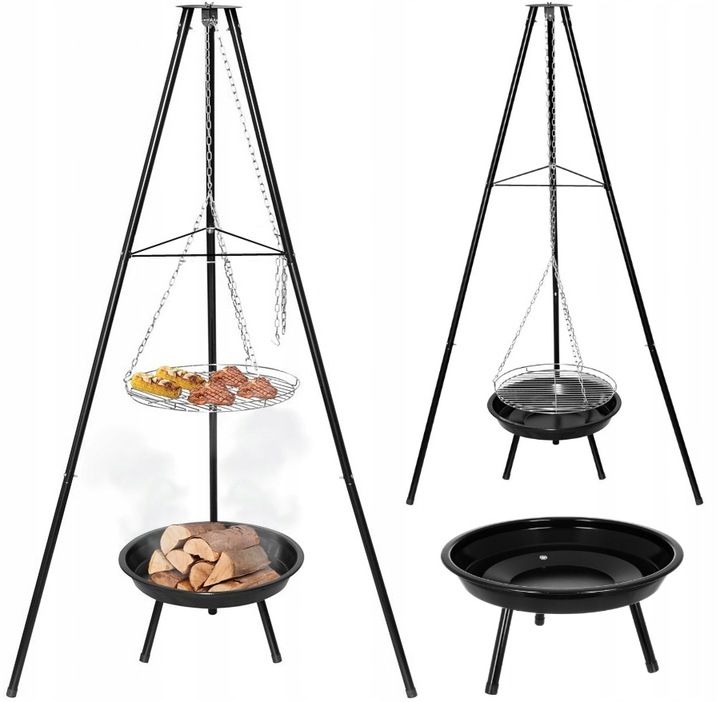 Grill Ogrodowy Wiszący Trójnóg Węglowy Palenisko Ruszt 55 cm BBQ Regulowany