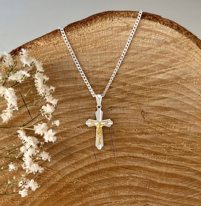 Komplet komunijny łańcuszek z krzyżem srebro 925 pozłacany wizerunek 45 cm