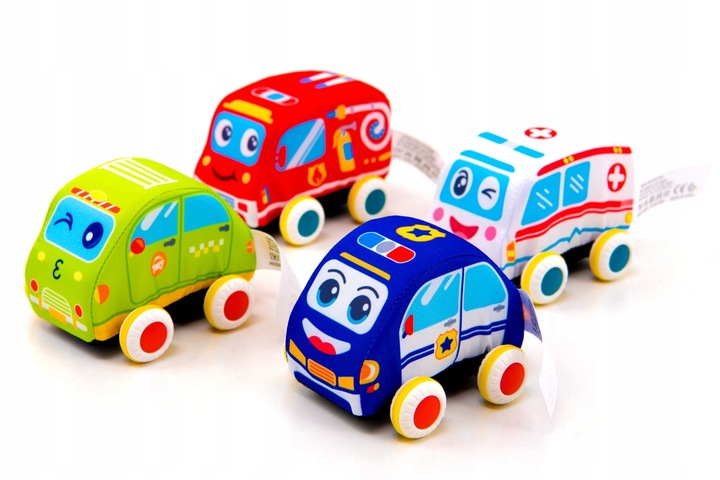 PLUSZOWE MIĘKKIE AUTKA SAMOCHODZIKI Z NAPĘDEM ZESTAW 4 SZTUK