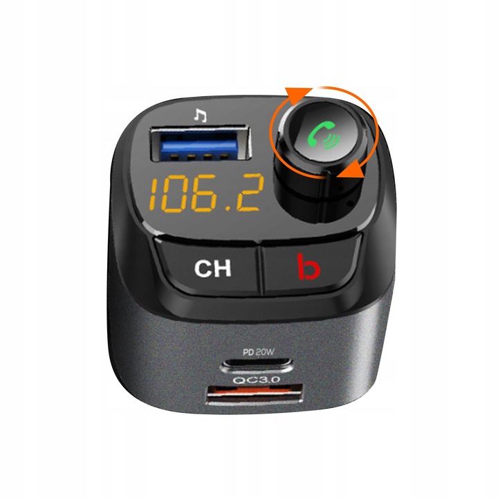 NAJMOCNIEJSZY Transmiter bluetooth FM samochodowy ładowarka 36W QC3.0 USB-C
