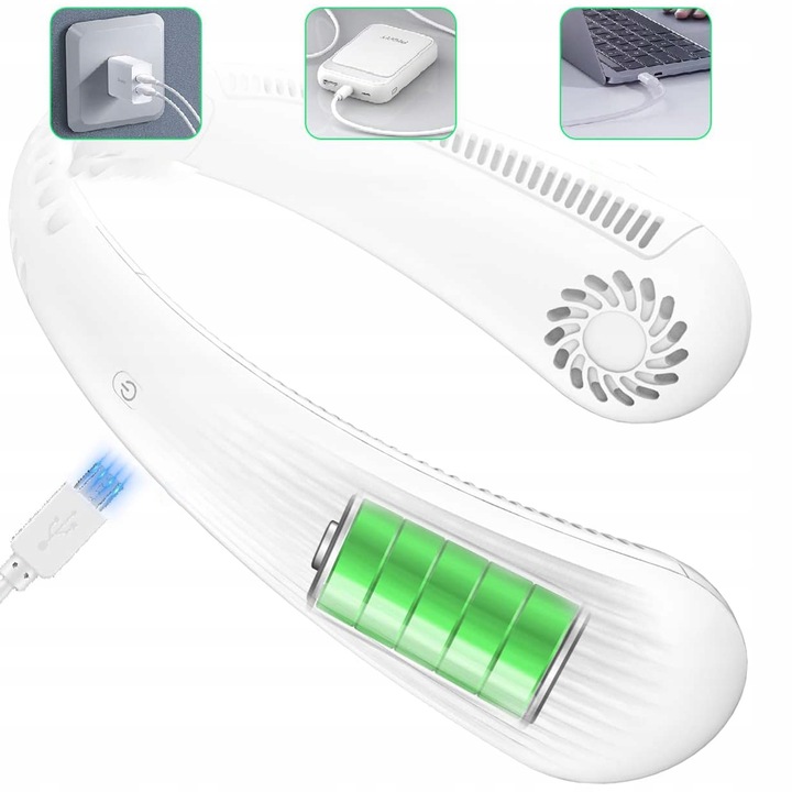 PRZENOŚNY WENTYLATOR WIATRAK NA SZYJĘ USB TRZY REGULOWANE PRĘDKOŚCI 3000mAh