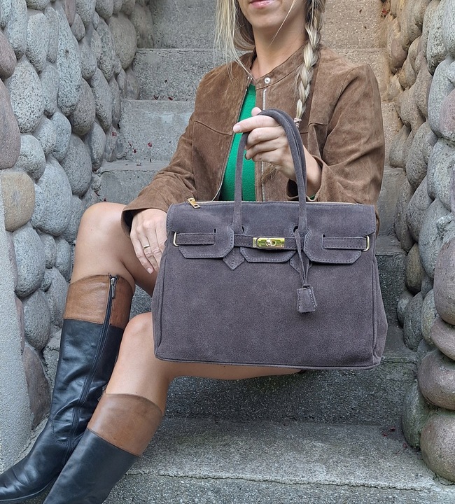 Torebka Włoska CZEKOLADOWA Kuferek SKÓRA ZAMSZ NATURALNY Vera Pelle+pasek