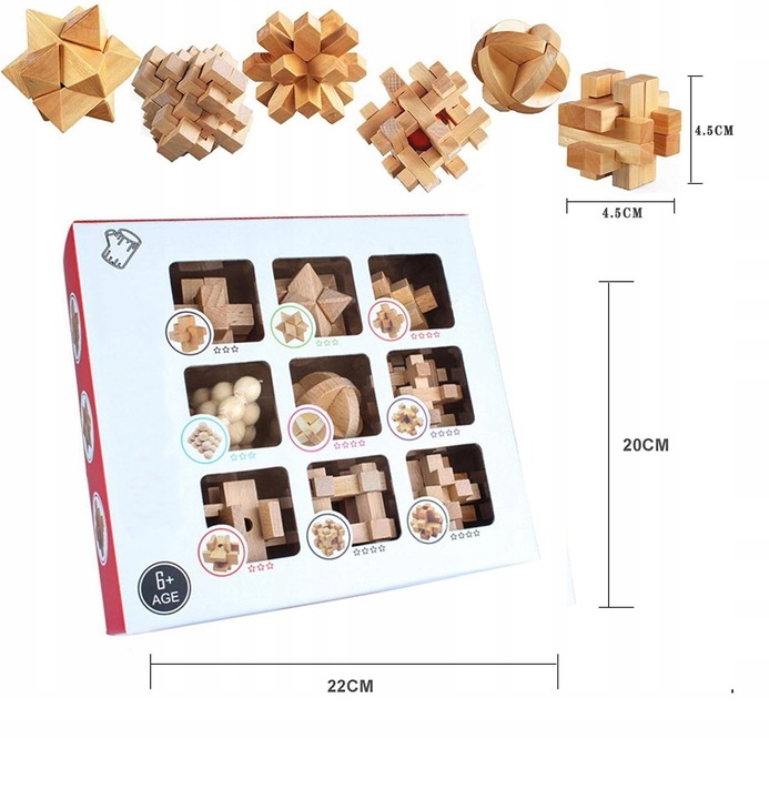 Zestaw Drewnianych klocków 3D Łamigłówek 9w1 gra| Puzzle Logiczne IQ (B017)