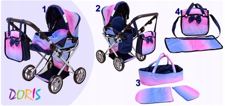 Wózek dla lalek 3w1 SPACEROWY GŁEBOKI + INTERAKTYWNA LALKA BOBAS zestaw XXL