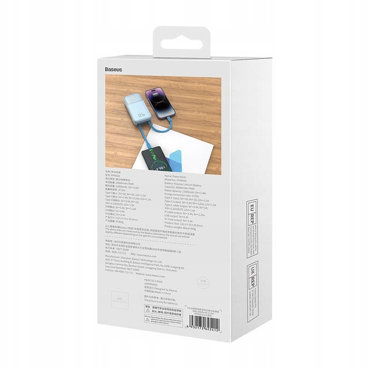 BASEUS POWERBANK 10000MAH 22.5W USB-A USB-C LIGHTNING DO TELEFONU KABEL