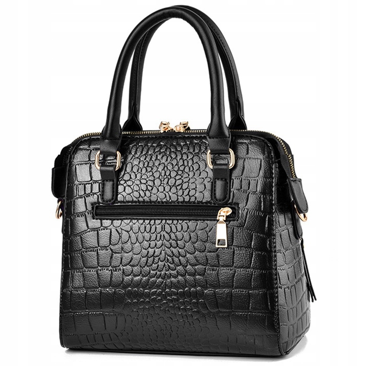 TOREBKA Damska CZARNA EKO Skóra Krokodyla Usztywniana Elegancka Brelok Kot