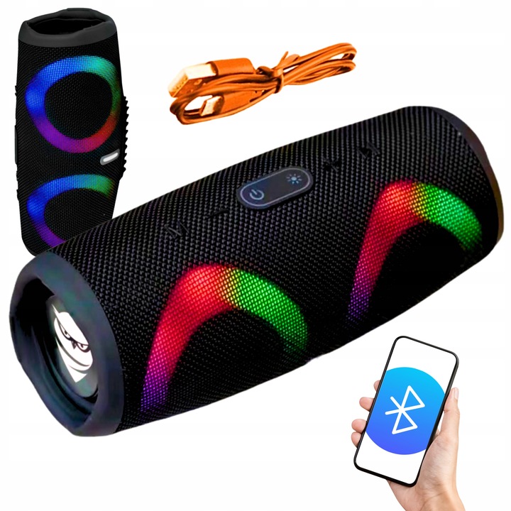 GŁOŚNIK PRZENOŚNY BLUETOOTH + LED BEZPRZEWODOWY CZARNY WODOODPORNY SOLIDNY