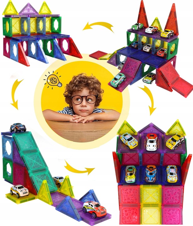 KONSTRUKCYJNE KLOCKI MAGNETYCZNE 3D TOR SAMOCHODOWY 20 autek ZESTAW 68el