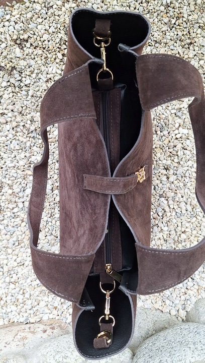 Torebka WłoskaZAMSZOAWA worek SKÓRA NATURALNA Vera Pelle CZEKOLADOWA