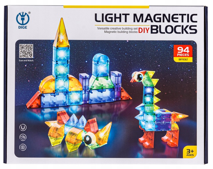KLOCKI MAGNETYCZNE ŚWIECĄCE KONSTRUKCYJNE Kreatywne Edukacyjne 94 el 3D