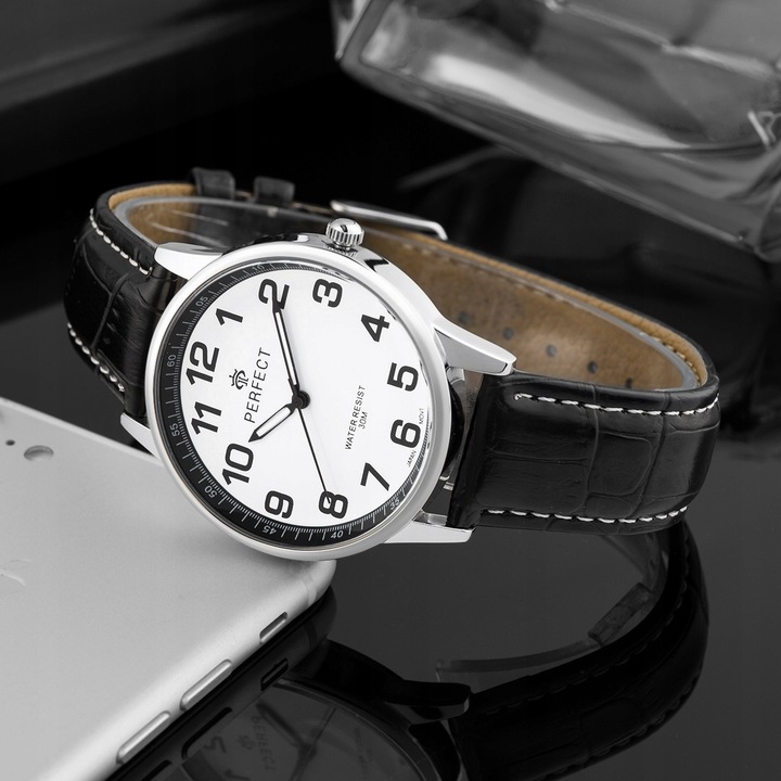 Zegarek męski klasyczny kwarcowy elegancki pasek skórzany analog Perfect