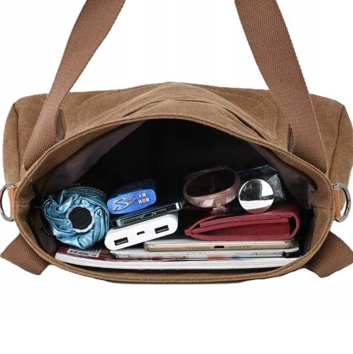 TORBA TOREBKA DAMSKA NA RAMIĘ POJEMNA MOCNA LISTONOSZKA PŁÓCIENNA BRĄZOWA