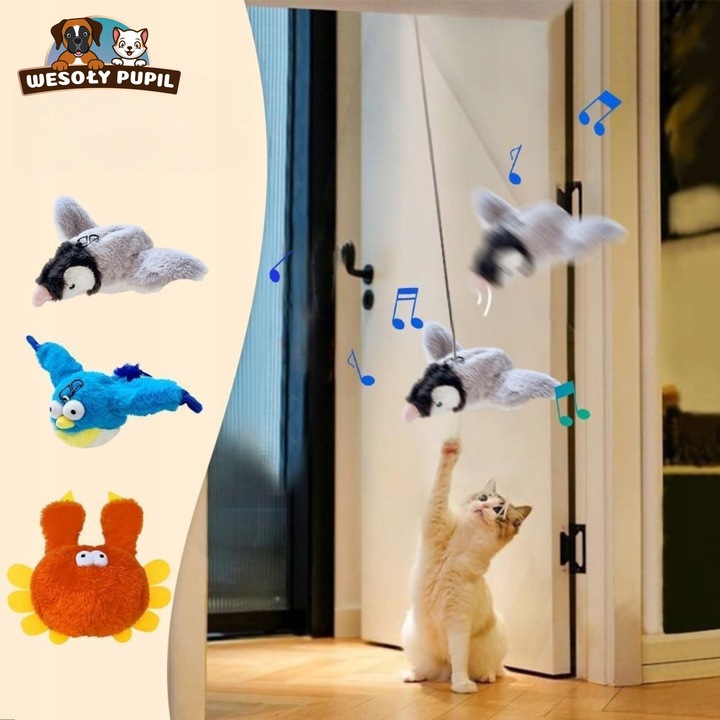 Zabawka dla kota INTERAKTYWNA latający PTAK z dźwiękiem na USB z kocimiętka
