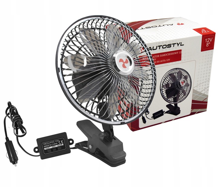 Wentylator samochodowy chrom 12V 8'' z klipsem 8 śmigieł