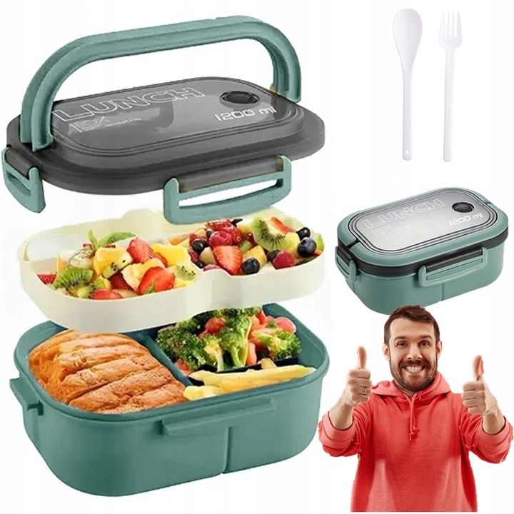 Przenośna ŚNIADANIÓWKA LUNCHBOX POJEMNIK BOX BENTO 1200 ml Z Nóż i widelec