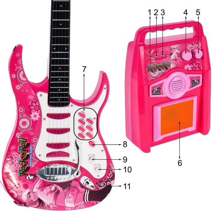 GITARA ELEKTRYCZNA DUŻA DLA DZIECI Z MIKROFONEM WZMACNIACZ STATYW RÓŻOWA