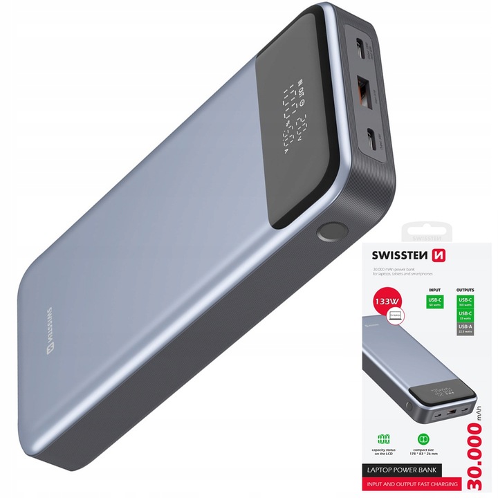 SWISSTEN POWERBANK do laptopa telefonu 30000 mAh PD QC 133W 2x USB-C USB-A