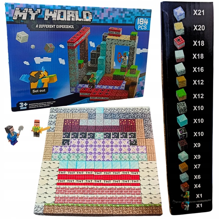 KLOCKI MAGNETYCZNE PIKSELE BLOCZKI SZEŚCIANY MOCNE 184 KLOCKI 2 FIGURKI