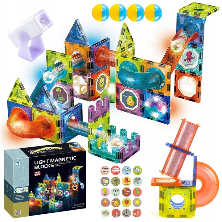 KLOCKI MAGNETYCZNE 3D Konstrukcyjne Magnetic TOR KULKOWY ŚWIECĄCY 75 el.
