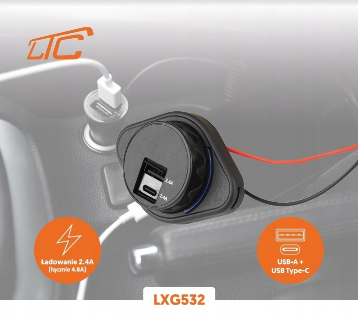 LXG532 Ładowarka USB-C + USB-A gniazdo montażowe do samochodu 12V / 24V