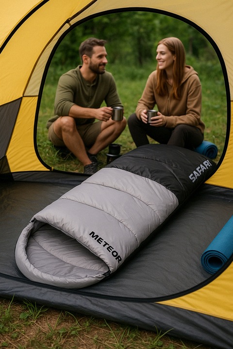 ŚPIWÓR TURYSTYCZNY KOŁDRA Z KAPTUREM PODUSZKĄ SAFARI METEOR lewy 190+30x80