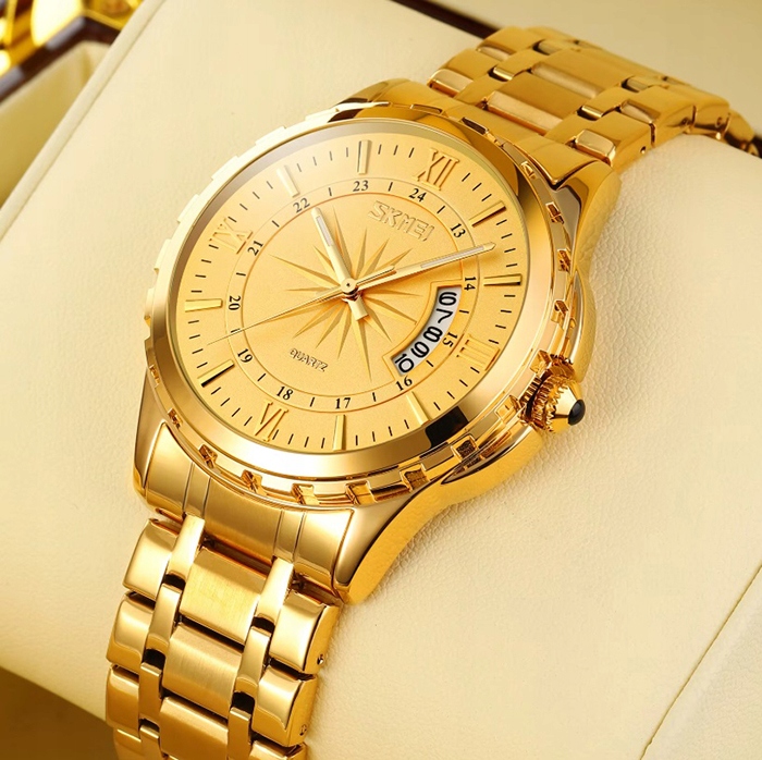 Zegarek męski bransoleta srebrny złoty czytelna tarcza datownik