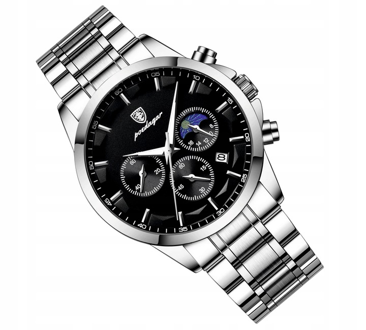 SREBRNY ZEGAREK MĘSKI NA BRANSOLECIE POEDAGAR CHRONOGRAF PUDEŁKO DATOWNIK