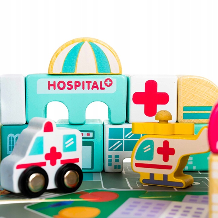 Klocki Miasto Drewniane Auta Zestaw + Puzzle Mata 115 Klocków Edukacyjne