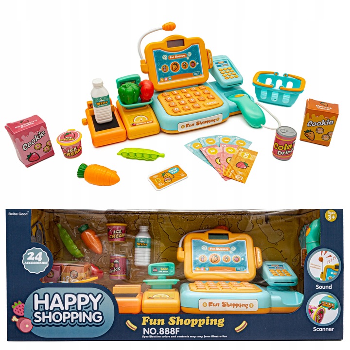 Sklepowa Kasa Fiskalna dla Dzieci ZABAWA w SKLEP Koszyk Waga Czytnik Monety