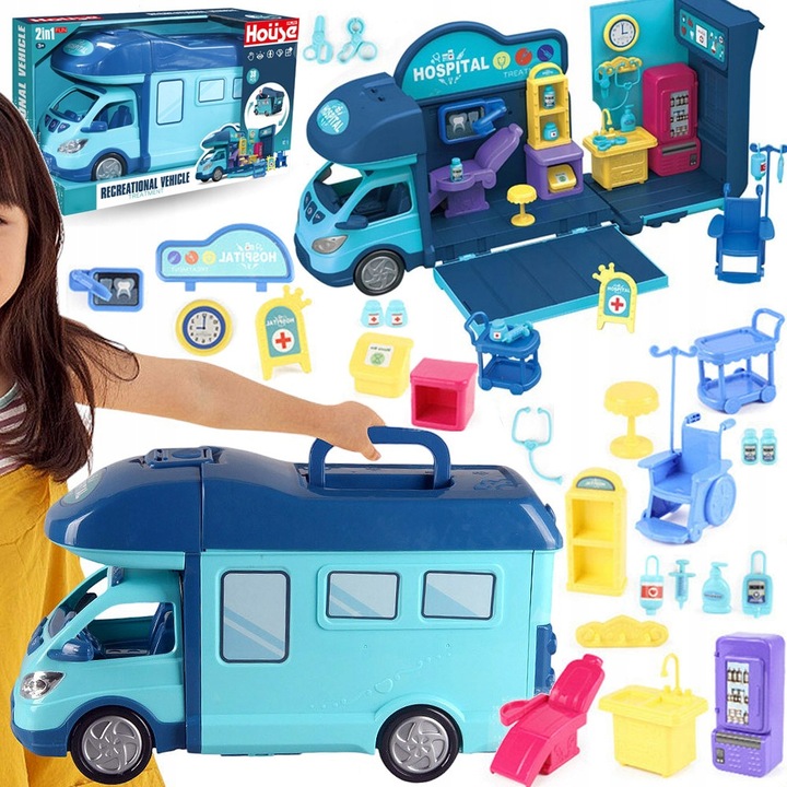 Kamper marzeń AUTO dla LALEK otwierany domek ZESTAW LEKARZ DOKTOR DENTYSTA