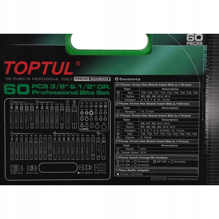 ZESTAW BITÓW KOŃCÓWEK TORX IMBUS SPLINE RIBE SQ 60 EL TOPTUL GCAI6003