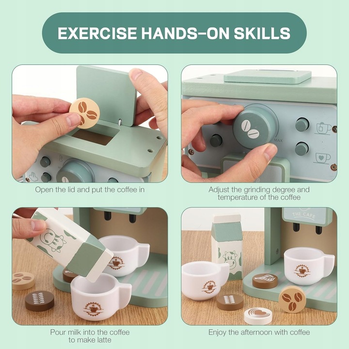 DREWNIANY EKSPRES DO KAWY DLA DZIECI AUTOMAT AGD KAWIARNIA ZESTAW PREZENT