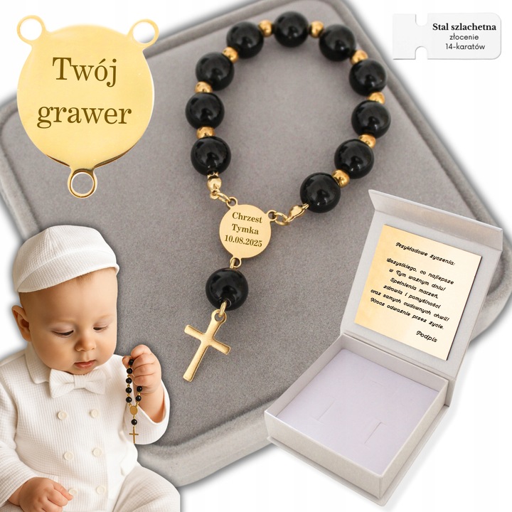 Pamiątka Chrztu Św. Różaniec Prezent na Chrzest dla Chłopca lub Dziewczynki