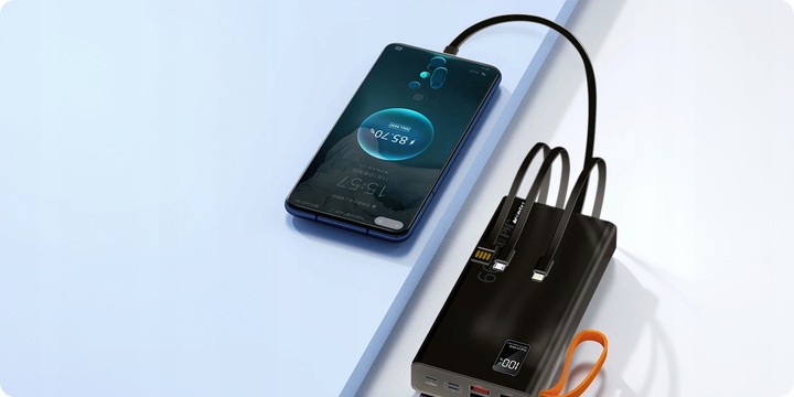 MOCNY POWERBANK 30000MAH 66W LATARKA LCD LED 4 USB USB-C + KABEL 3W1