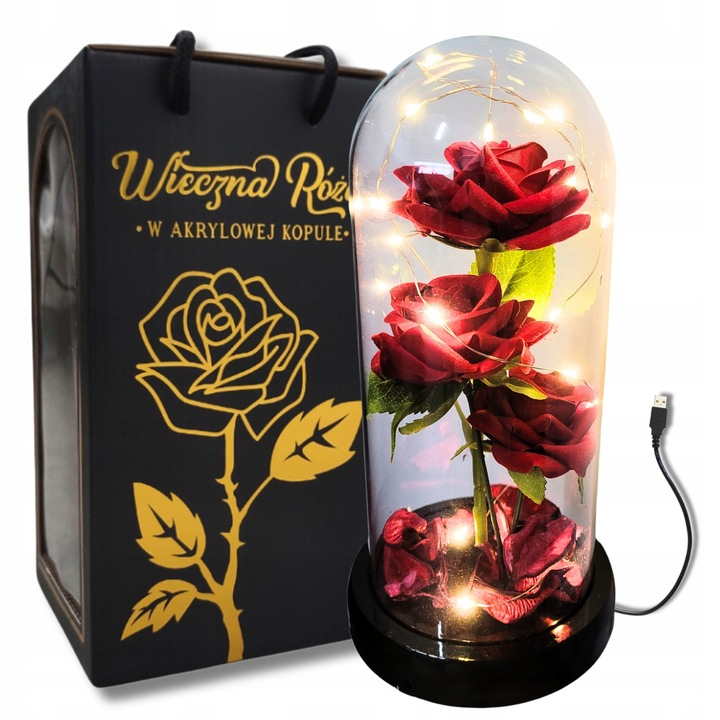 WIECZNA RÓŻA W SZKLE LED JAK PRAWDZIWA KWIATY POMYSŁ NA PREZENT WALENTYNKI